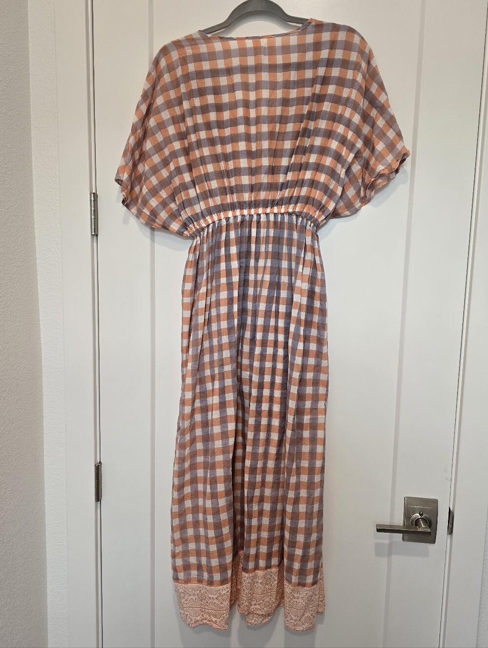 World Market Mira Checkered Dolman Kaftan Dress With Tie At Waist 100% Cotton - Picture 4 of 10